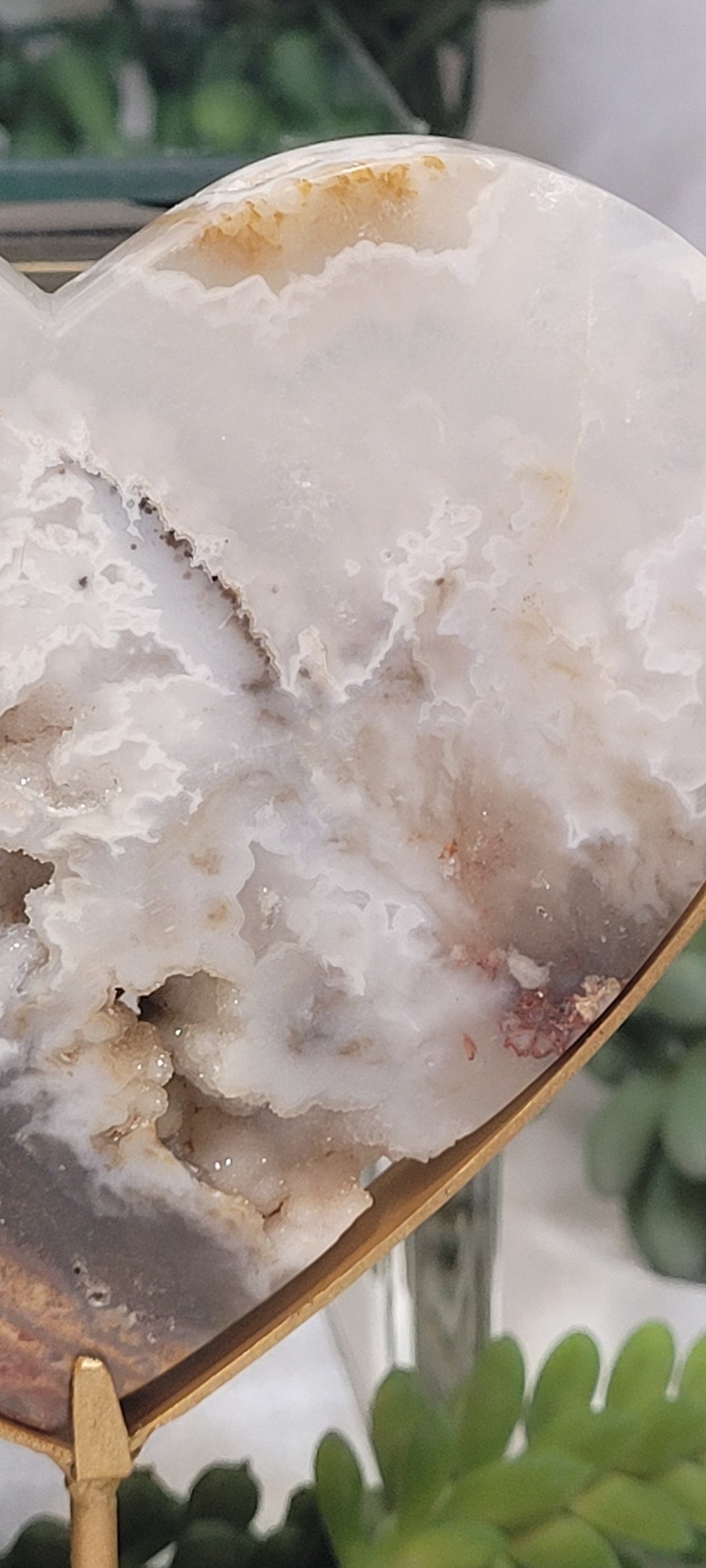 White Plume Agate Heart on Gold Stand | Scenic Druzy Agate Heart | 239g