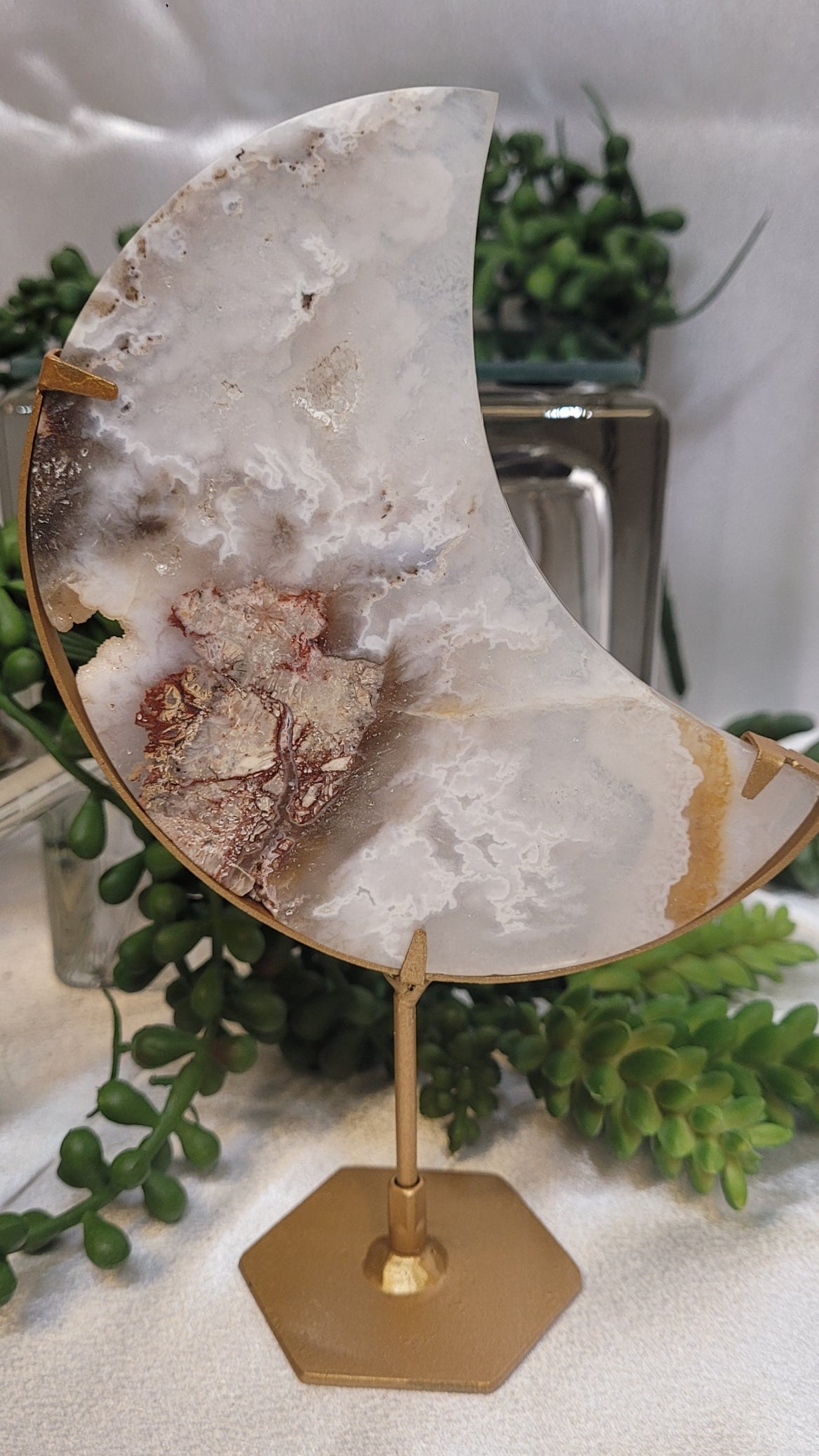 White Plume Agate Crescent Moon on Gold Stand | Druzy Agate Moon | 177g