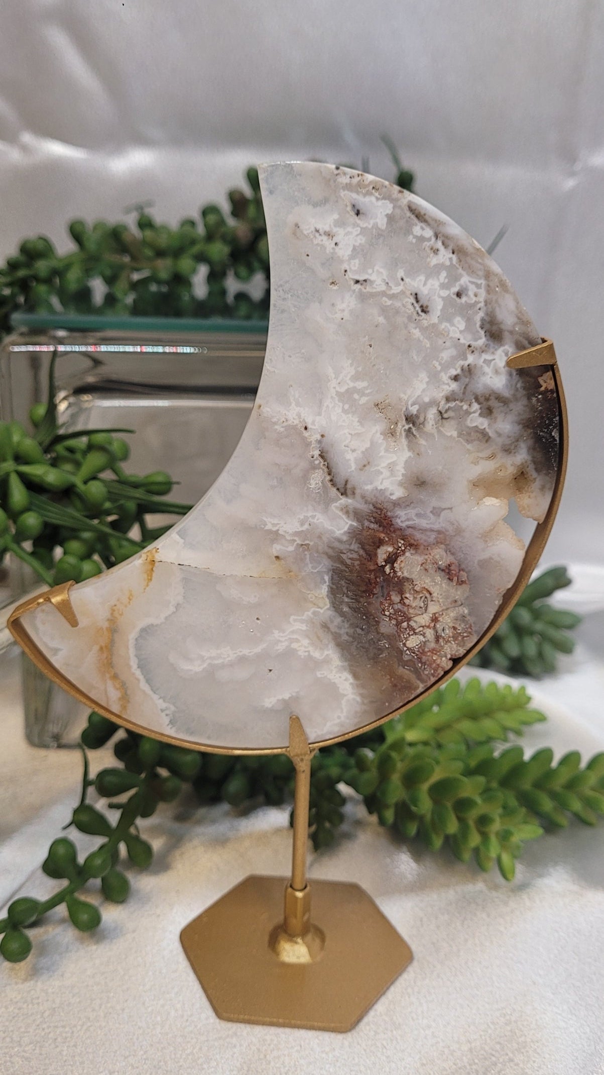 White Plume Agate Crescent Moon on Gold Stand | Druzy Agate Moon | 177g