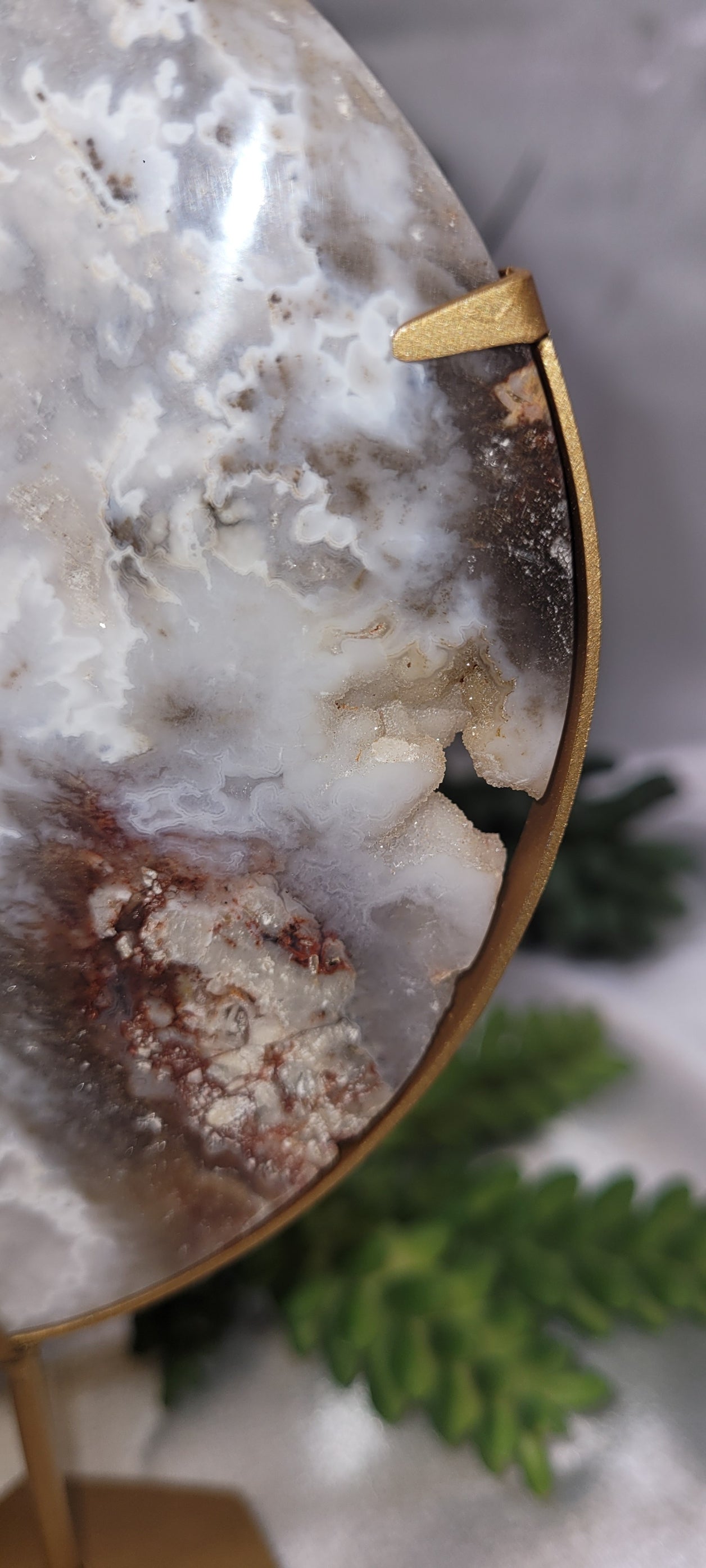 White Plume Agate Crescent Moon on Gold Stand | Druzy Agate Moon | 177g