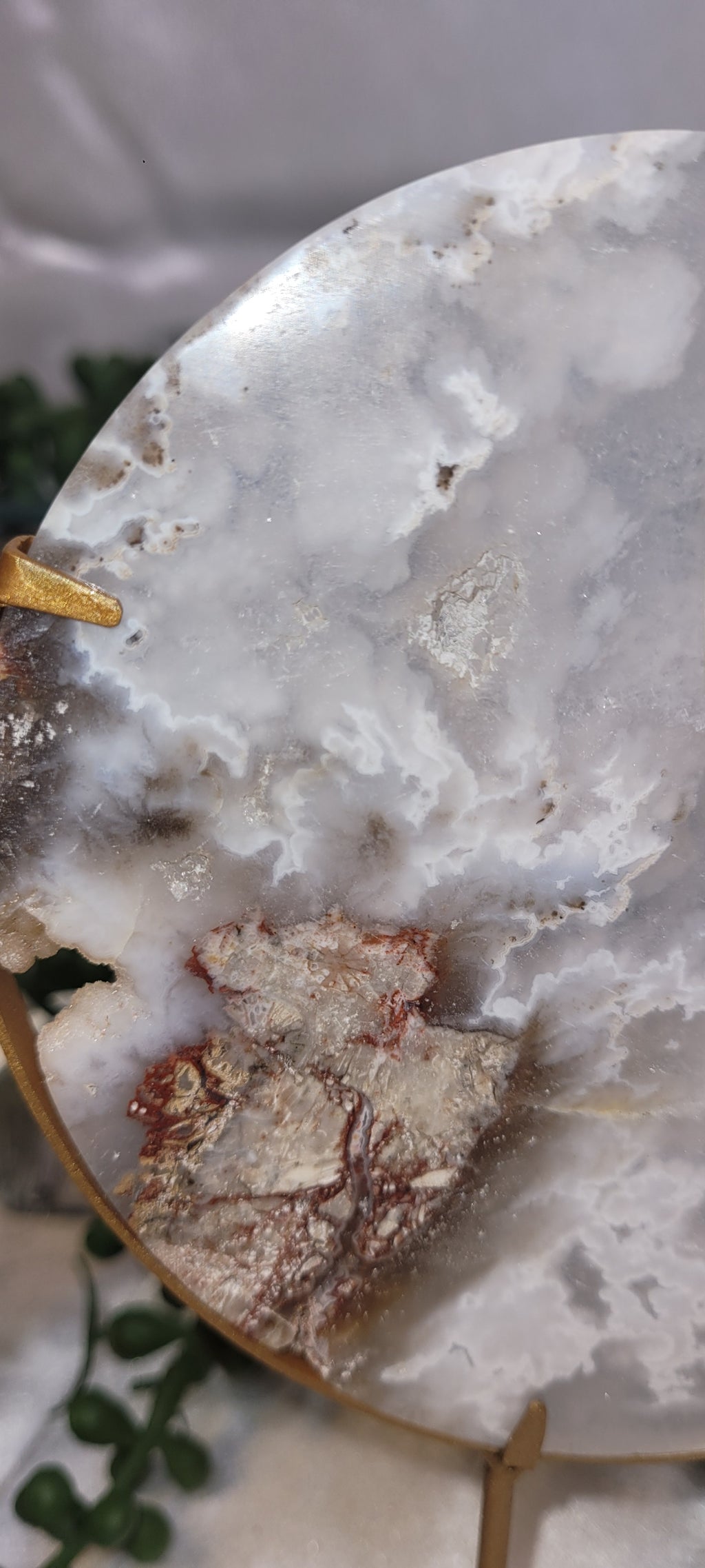 White Plume Agate Crescent Moon on Gold Stand | Druzy Agate Moon | 177g