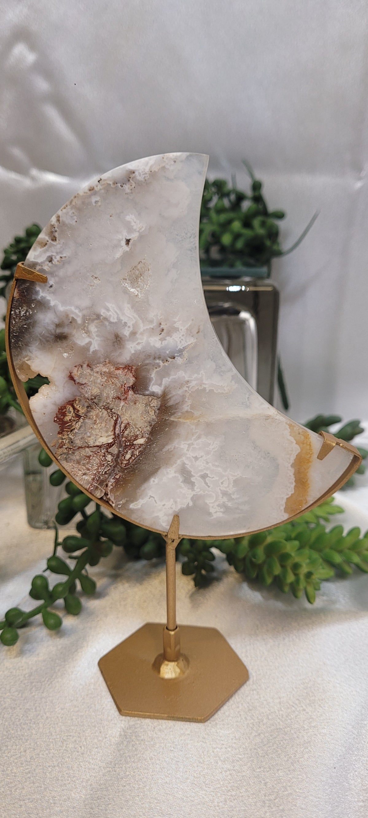 White Plume Agate Crescent Moon on Gold Stand | Druzy Agate Moon | 177g