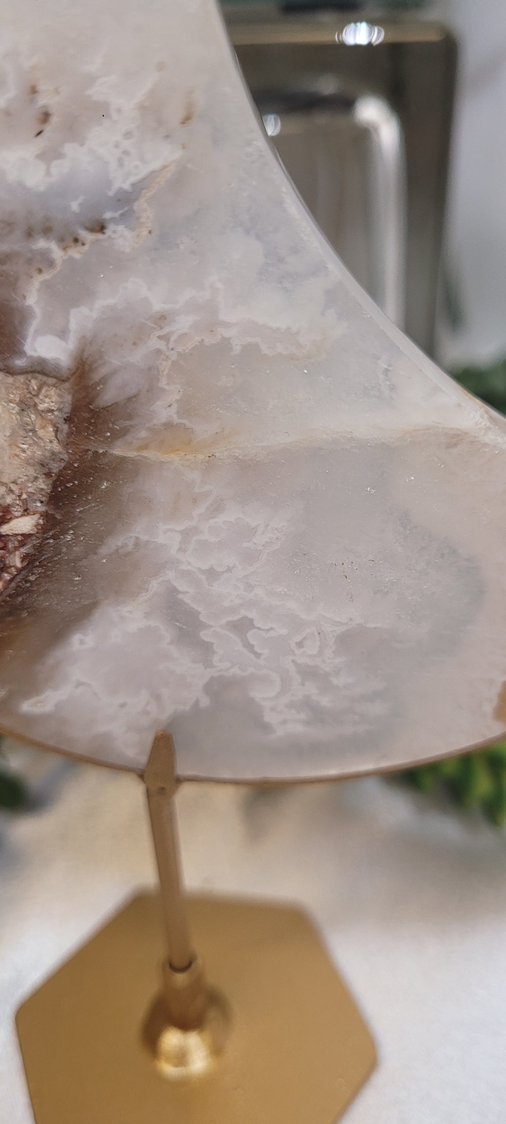 White Plume Agate Crescent Moon on Gold Stand | Druzy Agate Moon | 177g
