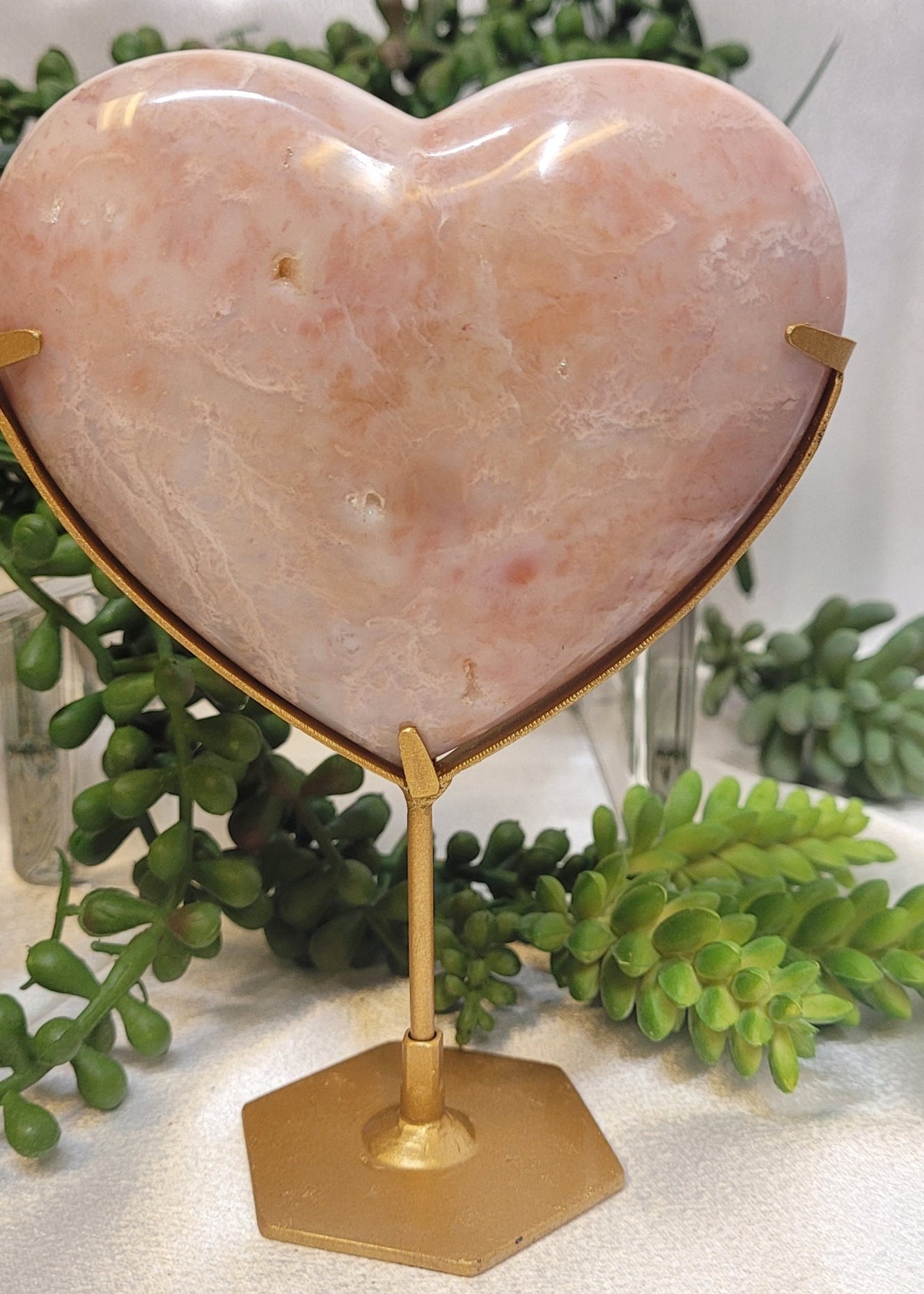 Peach Carnelian Heart on Gold Stand | Polished Crystal Heart | 319g