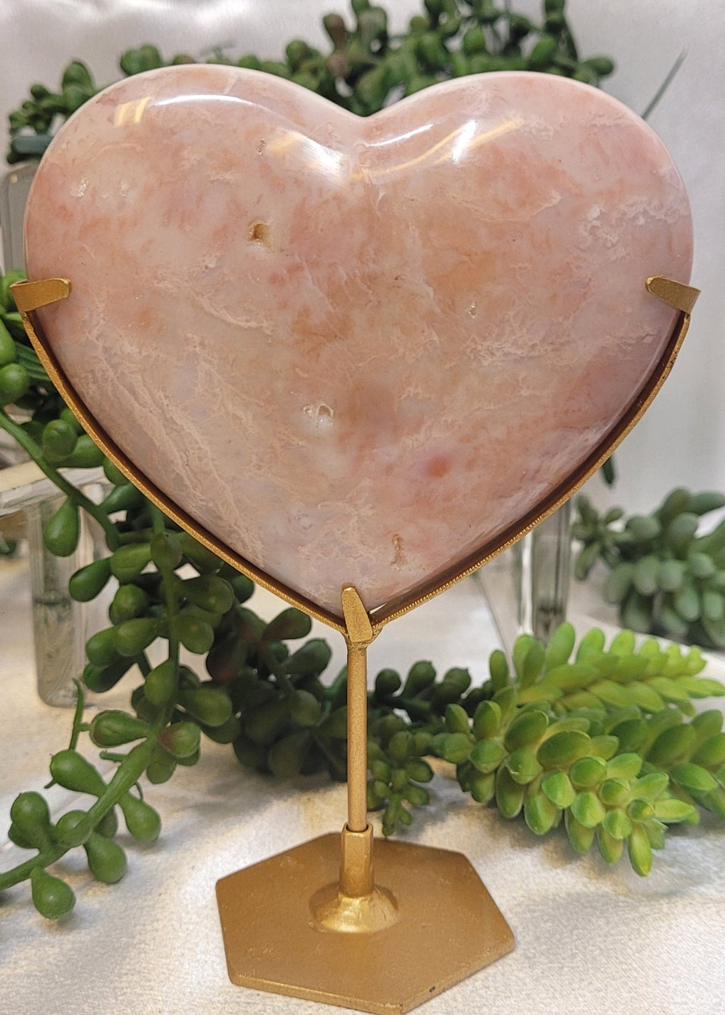 Peach Carnelian Heart on Gold Stand | Polished Crystal Heart | 319g