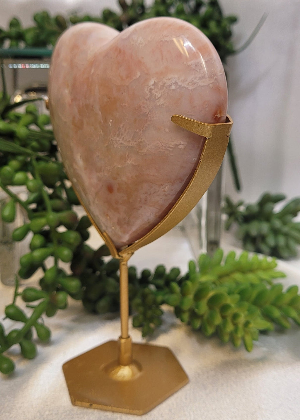 Peach Carnelian Heart on Gold Stand | Polished Crystal Heart | 319g