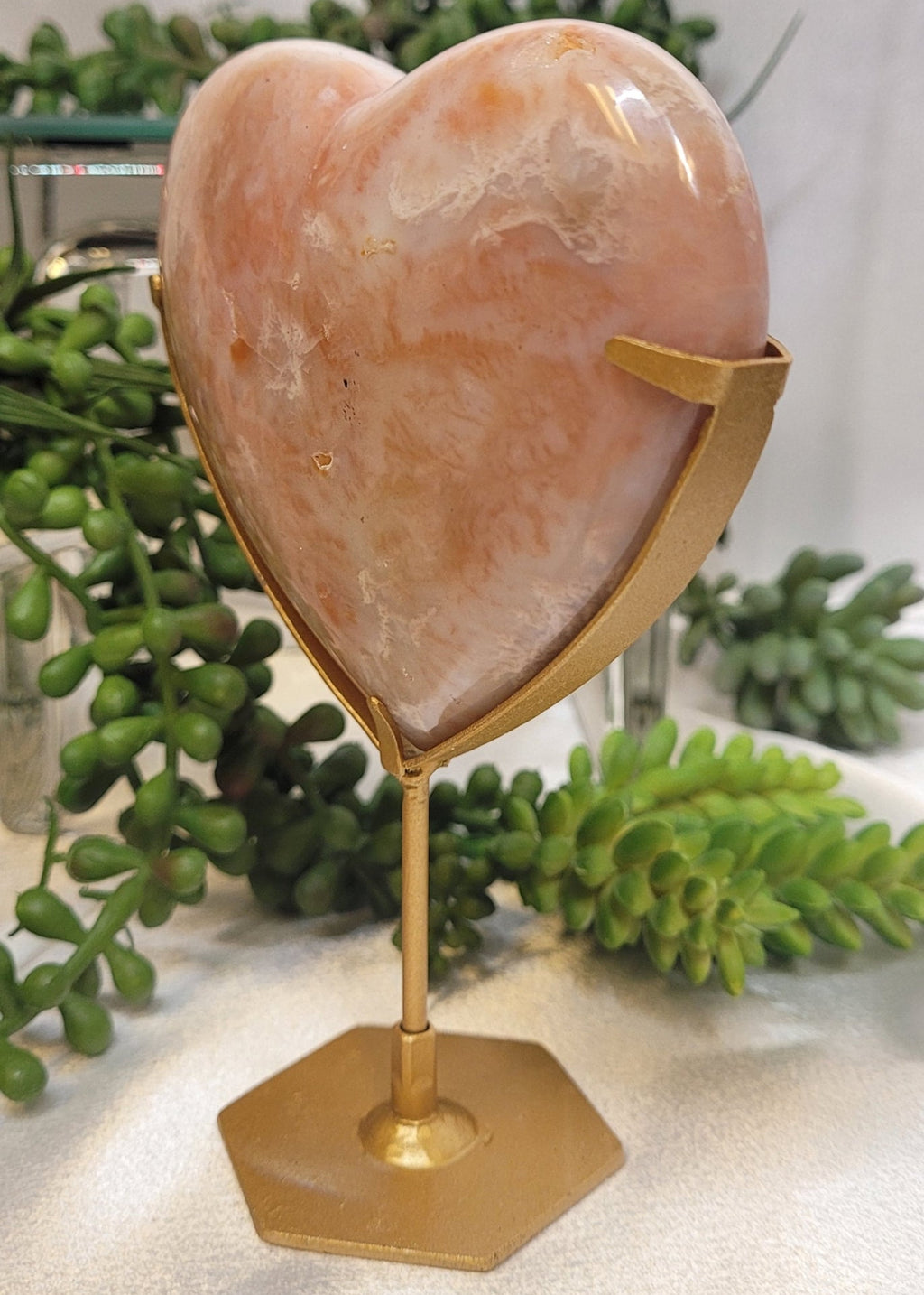 Peach Carnelian Heart on Gold Stand | Polished Crystal Heart | 319g