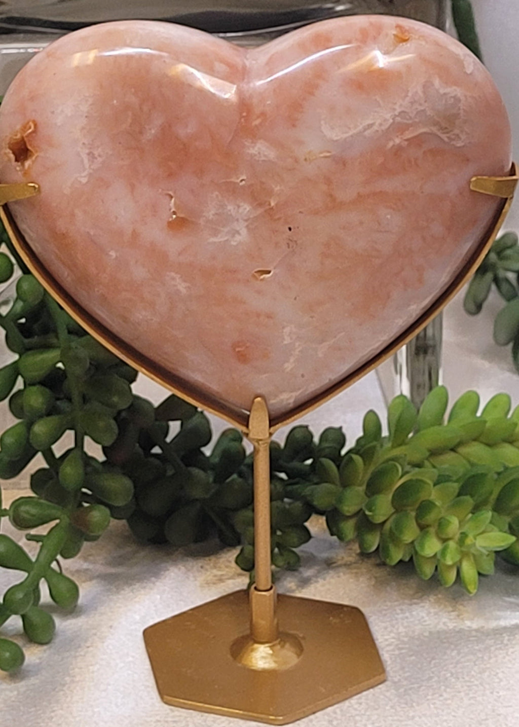 Peach Carnelian Heart on Gold Stand | Polished Crystal Heart | 319g
