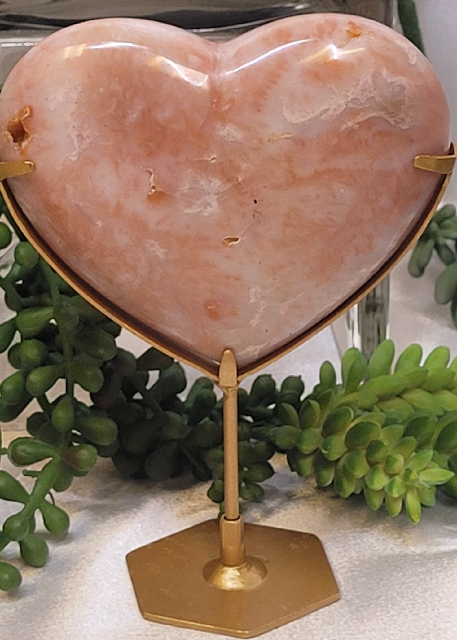 Peach Carnelian Heart on Gold Stand | Polished Crystal Heart | 319g