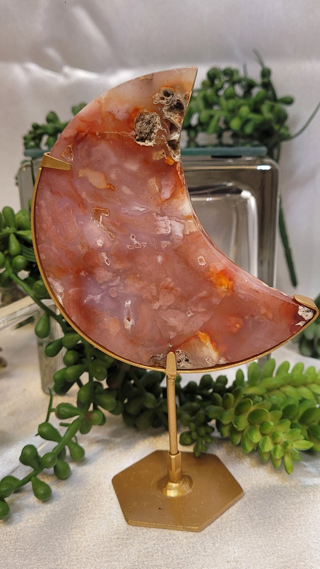 Carnelian Crescent Moon on Gold Stand | Druzy Carnelian Moon | 167g