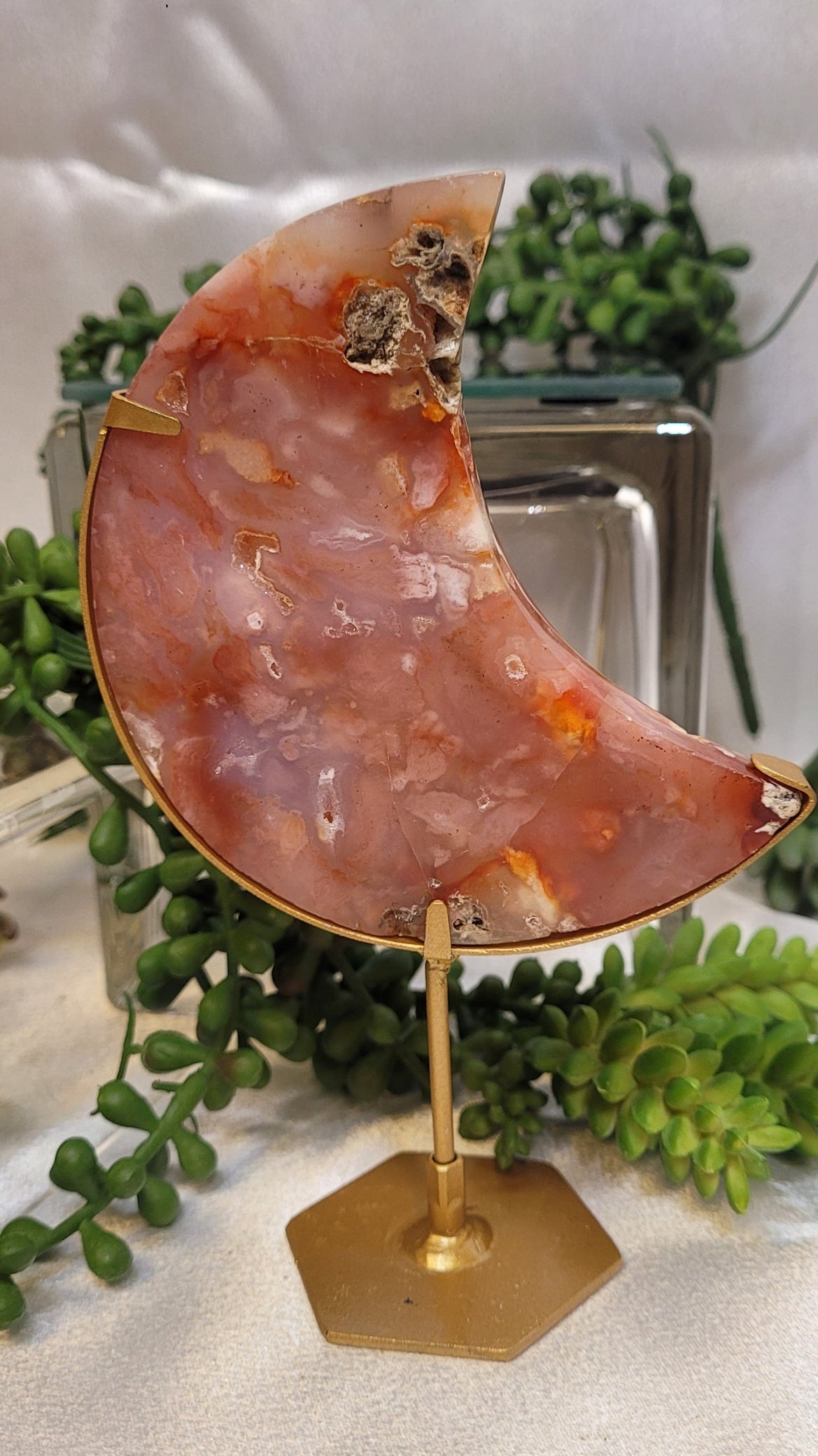 Carnelian Crescent Moon on Gold Stand | Druzy Carnelian Moon | 167g