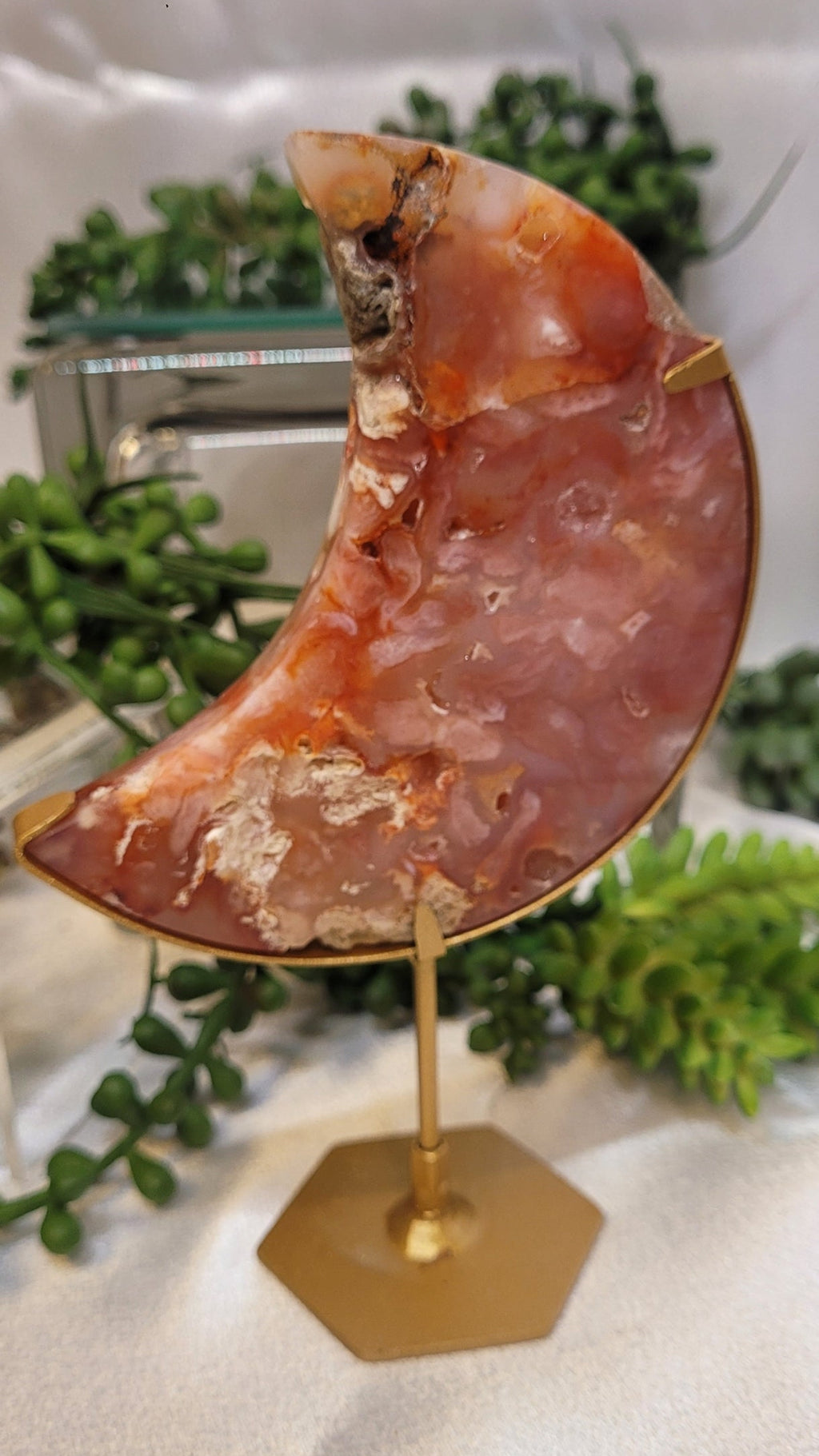 Carnelian Crescent Moon on Gold Stand | Druzy Carnelian Moon | 167g