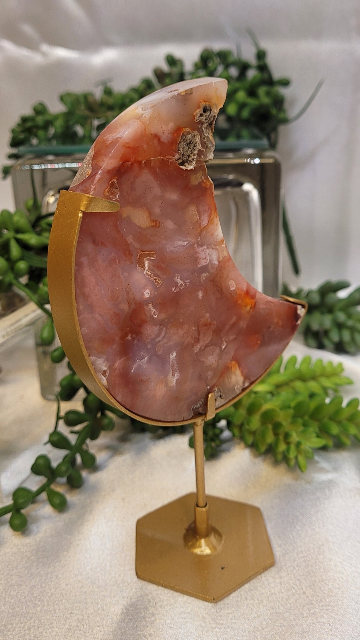 Carnelian Crescent Moon on Gold Stand | Druzy Carnelian Moon | 167g