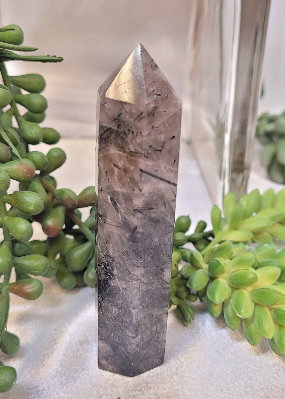 Tourmalinated Smoky Quartz Tower | Black Tourmaline Included Quartz Point | 73g