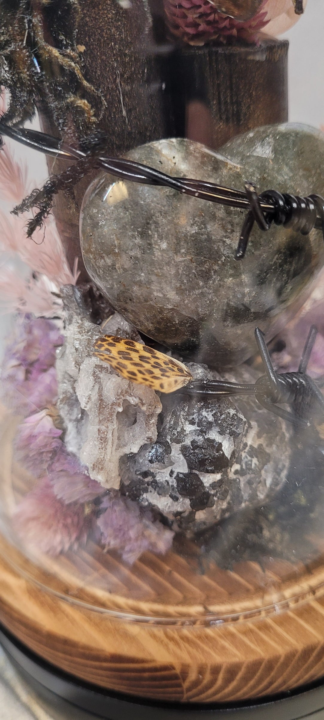 Midnight Reliquary Under Glass | Black Rose, Garden Quartz, Butterfly & Crystal Art Dome