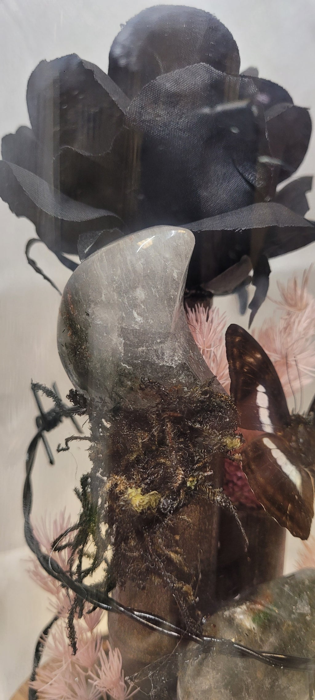 Midnight Reliquary Under Glass | Black Rose, Garden Quartz, Butterfly & Crystal Art Dome