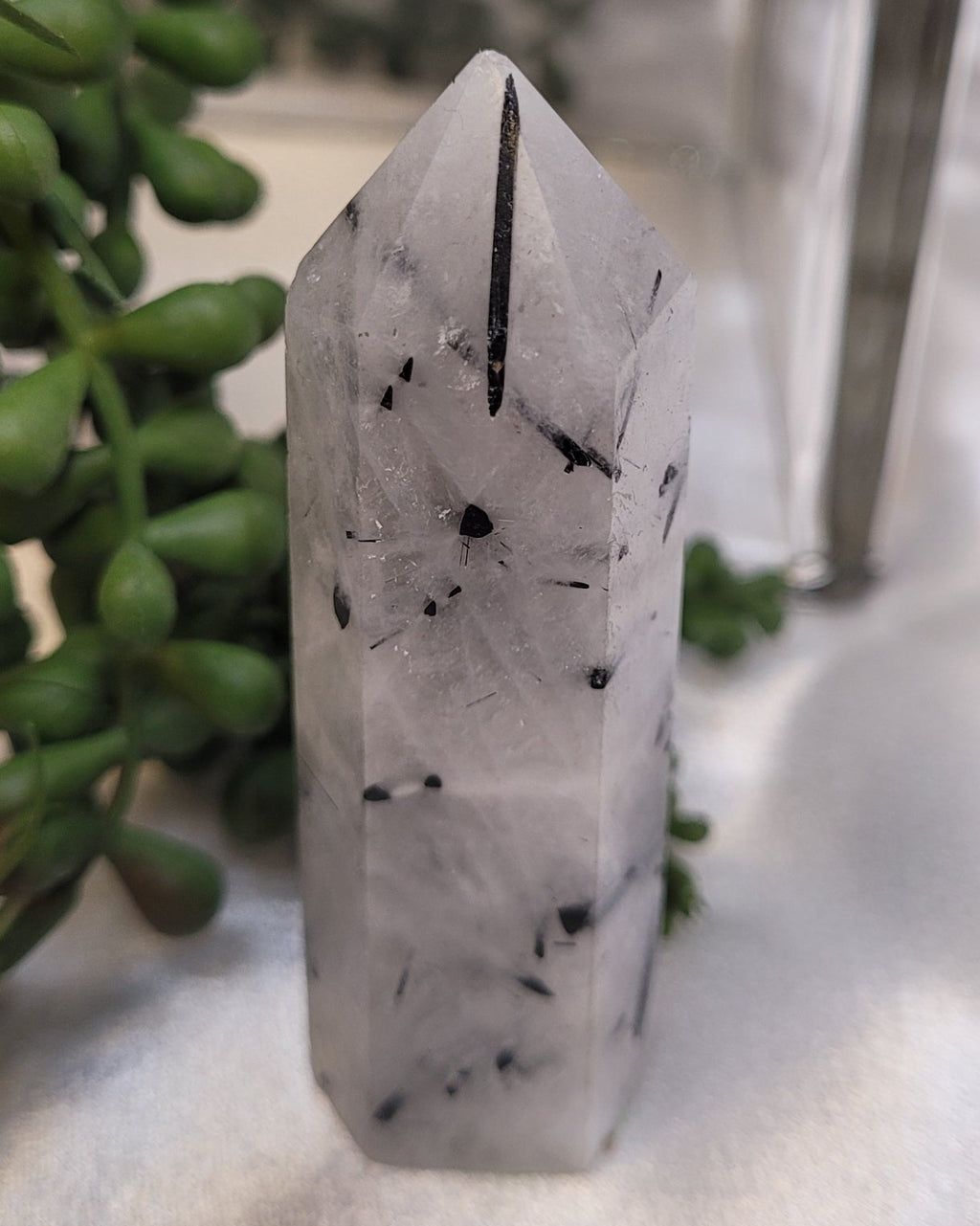 Tourmalinated Quartz Tower | Black Tourmaline Included Quartz Point | 64g Crystal Tower