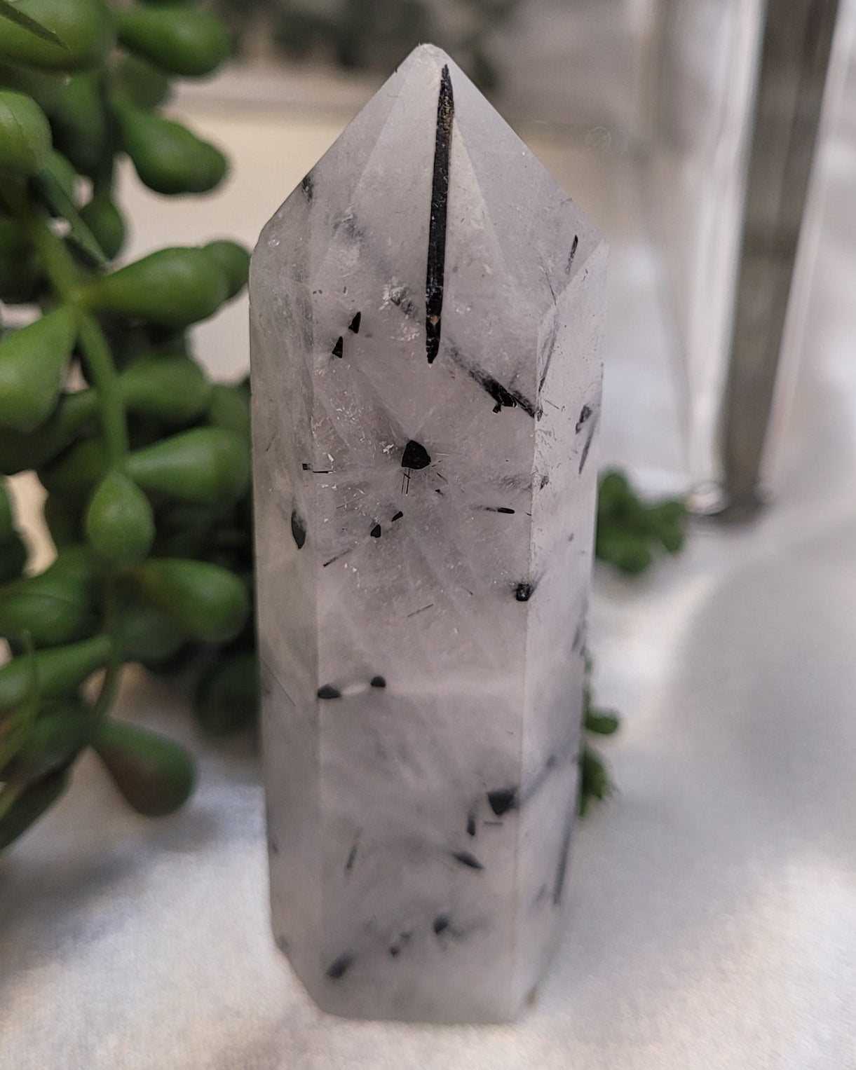 Tourmalinated Quartz Tower | Black Tourmaline Included Quartz Point | 64g Crystal Tower