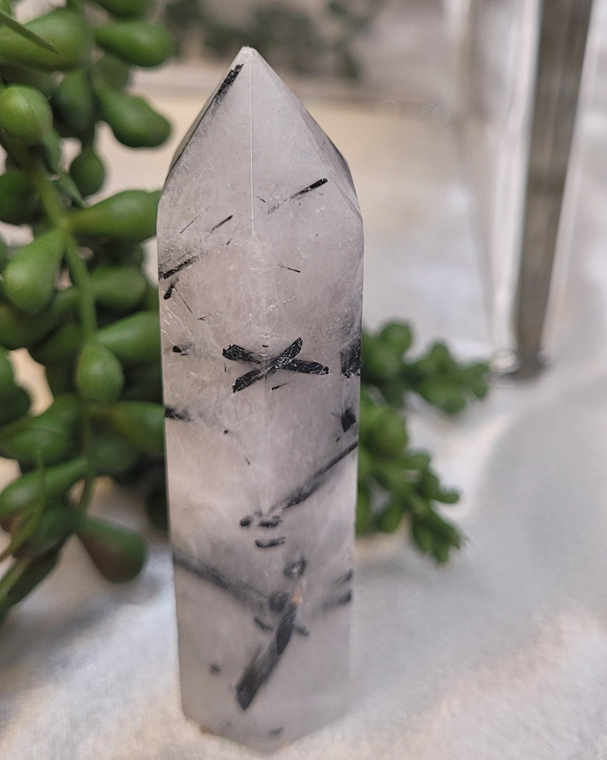 Tourmalinated Quartz Tower | Black Tourmaline Included Quartz Point | 64g Crystal Tower