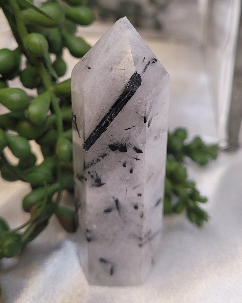 Tourmalinated Quartz Tower | Black Tourmaline Included Quartz Point | 64g Crystal Tower
