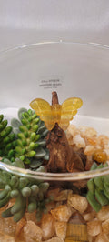 Butterfly Garden Crystal Display in Glass Bubble Bowl | Tiger's Eye, Fluorite Butterfly Carving & Golden Crystal Landscape