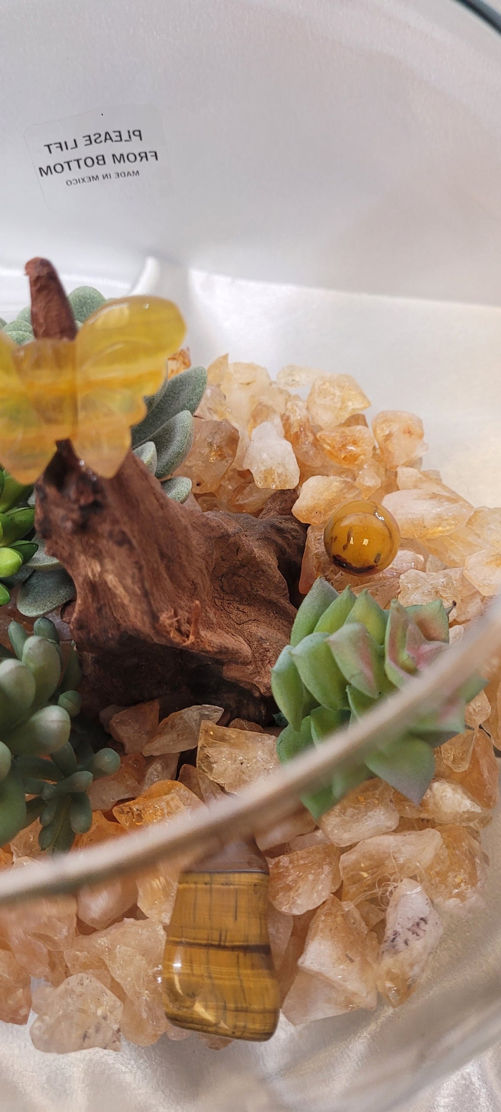 Butterfly Garden Crystal Display in Glass Bubble Bowl | Tiger's Eye, Fluorite Butterfly Carving & Golden Crystal Landscape
