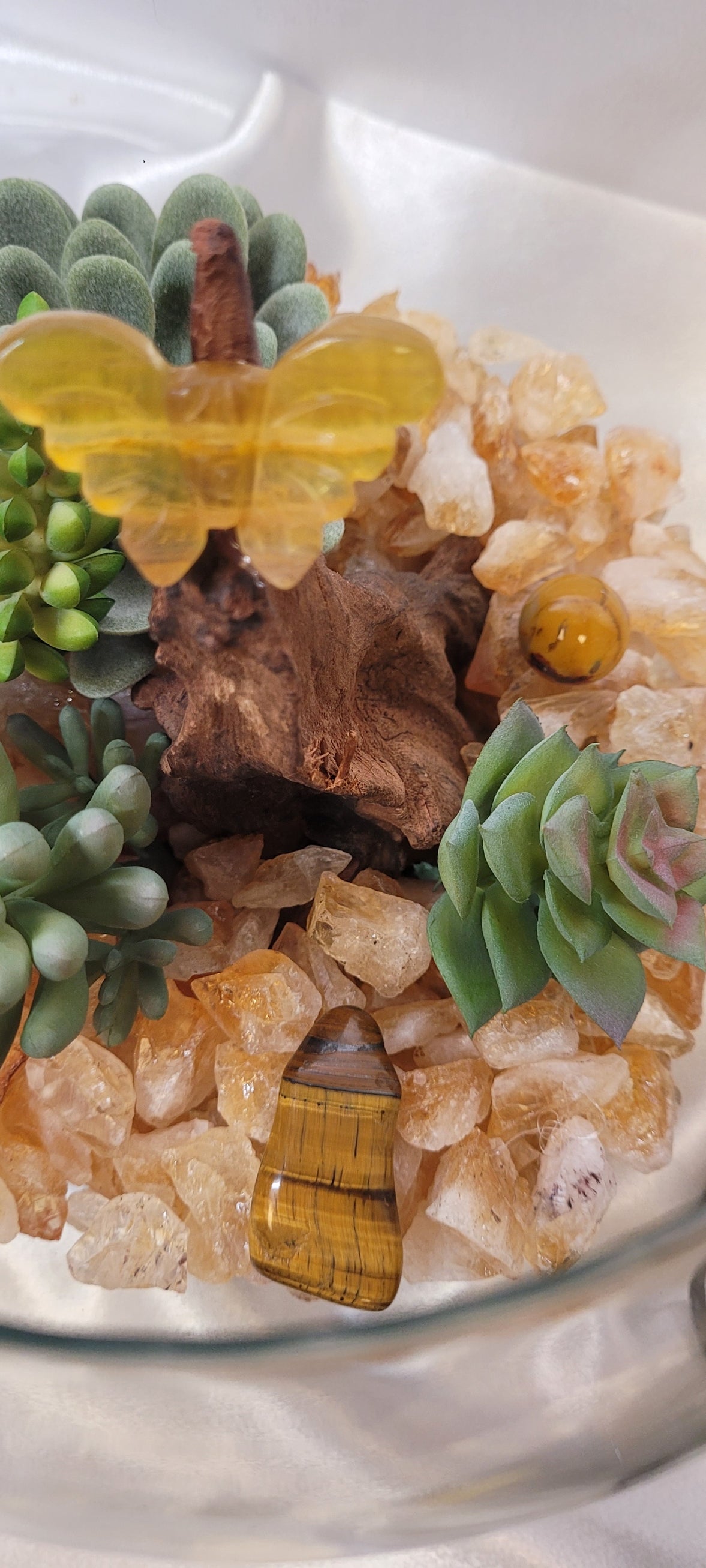 Butterfly Garden Crystal Display in Glass Bubble Bowl | Tiger's Eye, Fluorite Butterfly Carving & Golden Crystal Landscape