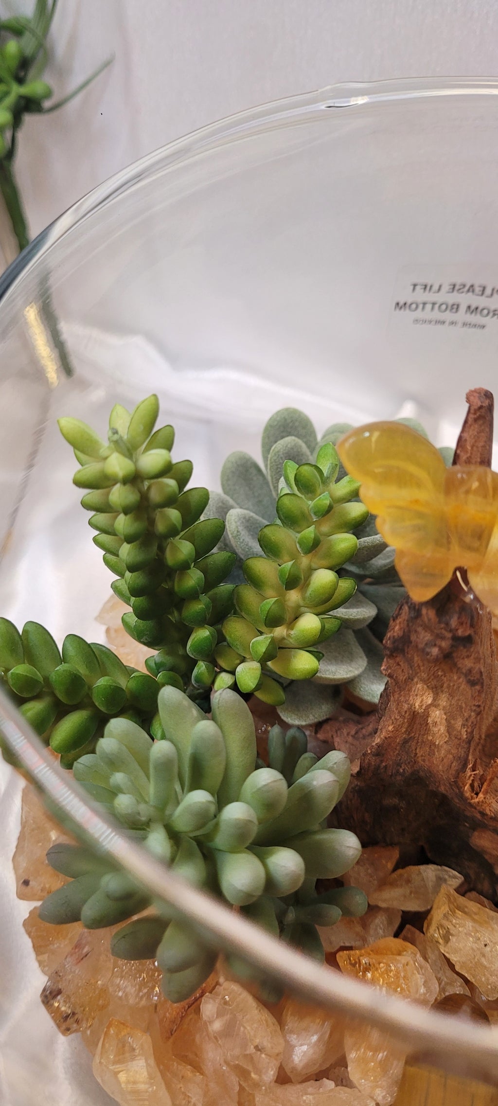 Butterfly Garden Crystal Display in Glass Bubble Bowl | Tiger's Eye, Fluorite Butterfly Carving & Golden Crystal Landscape