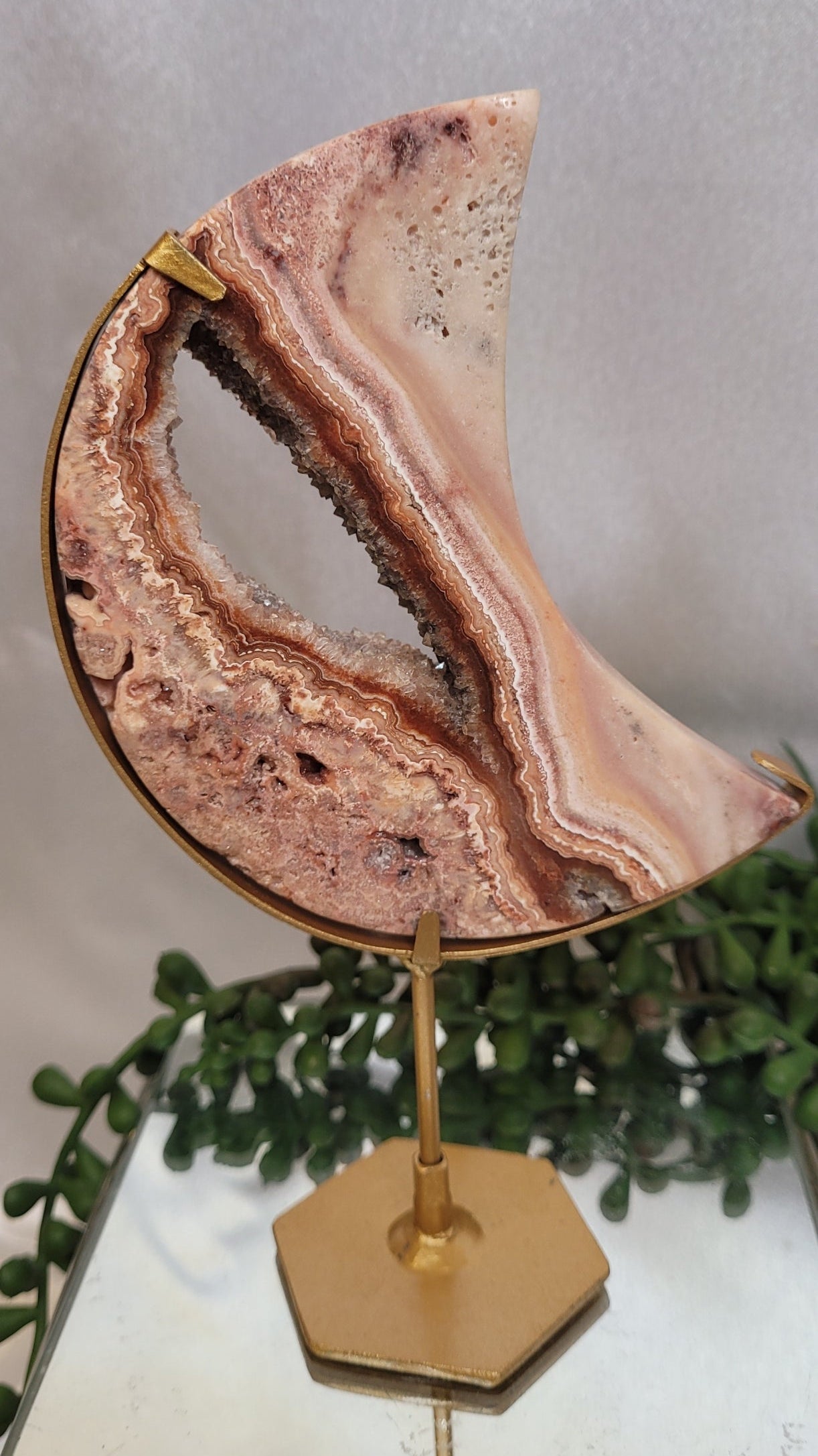 Pink Crazy Lace Agate Crescent Moon with Druzy Cente