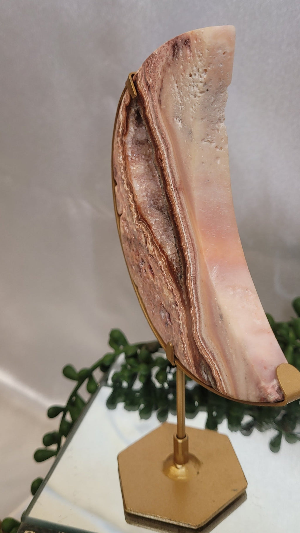 Pink Crazy Lace Agate Crescent Moon with Druzy Cente