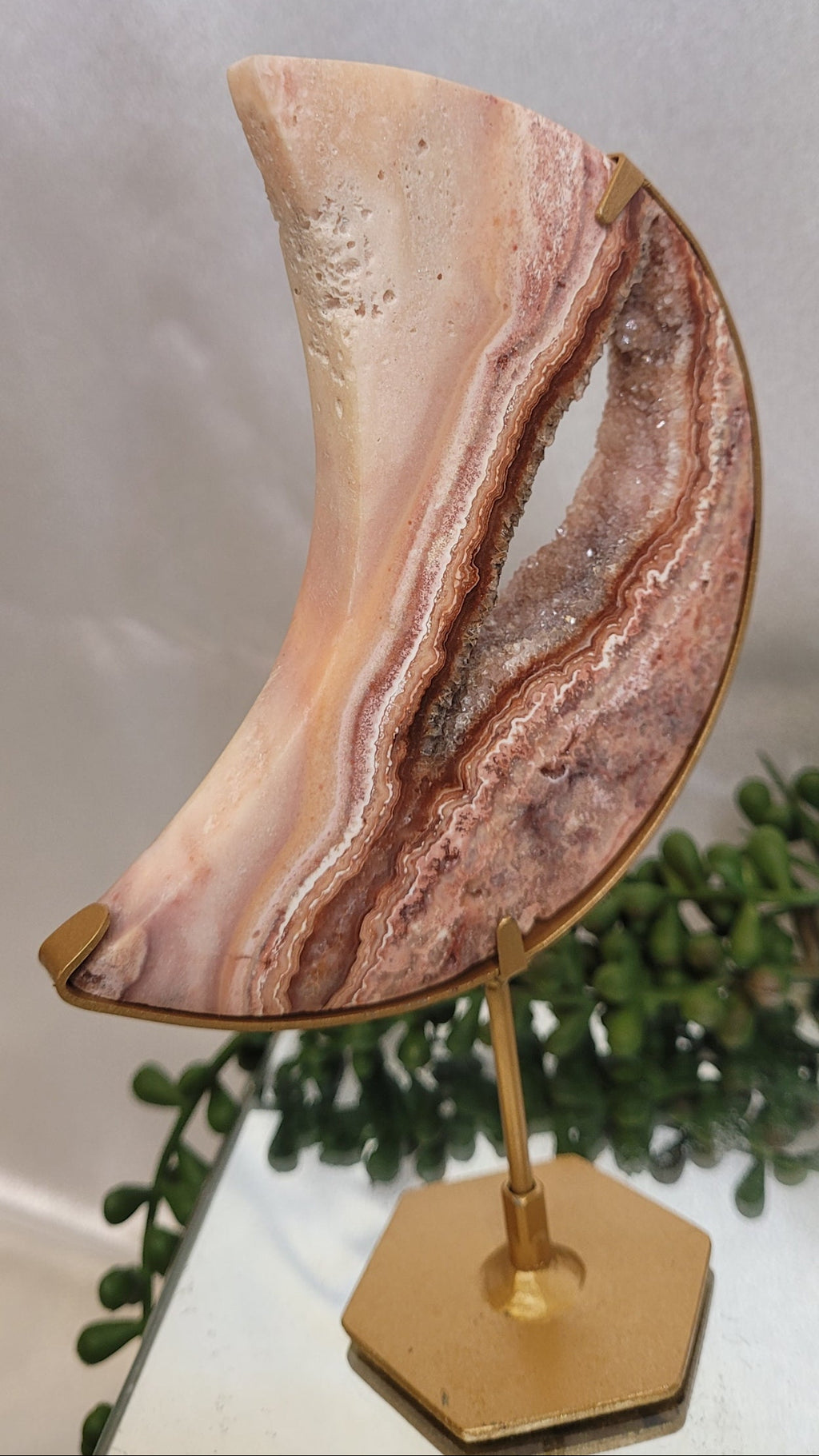 Pink Crazy Lace Agate Crescent Moon with Druzy Cente