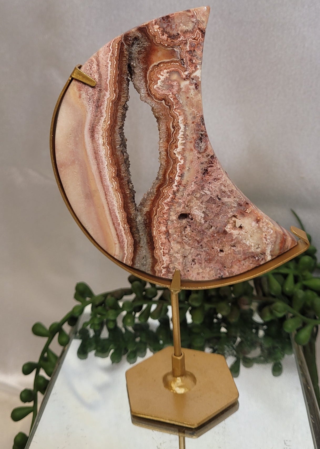 Pink Crazy Lace Agate Crescent Moon with Druzy Center on Gold Stand