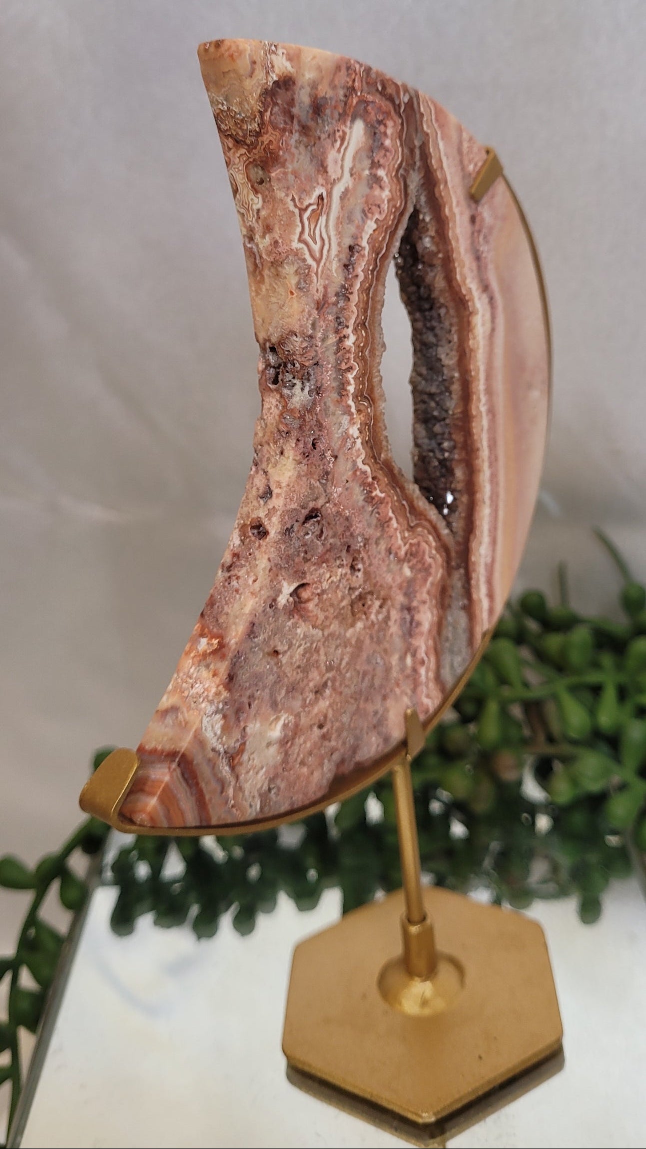 Pink Crazy Lace Agate Crescent Moon with Druzy Center on Gold Stand