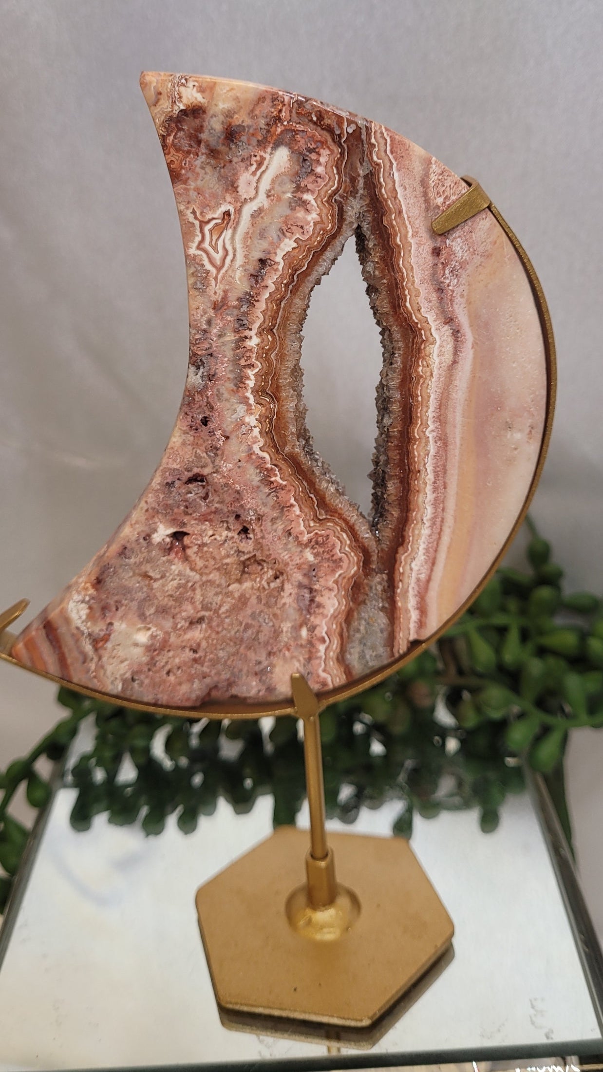 Pink Crazy Lace Agate Crescent Moon with Druzy Center on Gold Stand