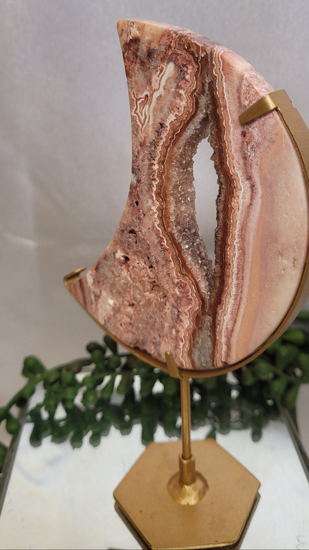 Pink Crazy Lace Agate Crescent Moon with Druzy Center on Gold Stand