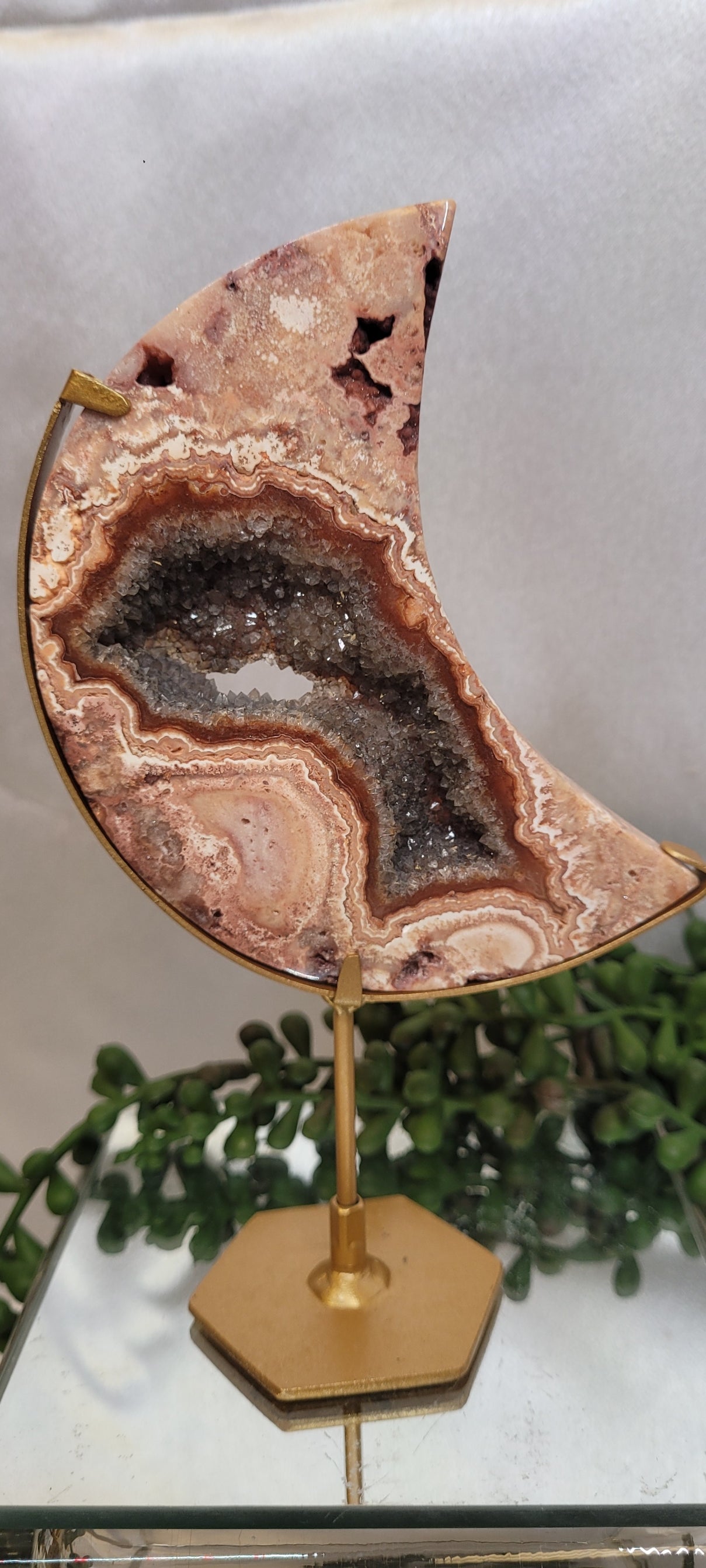 Pink Crazy Lace Agate Druzy Crescent Moon on Gold Stand