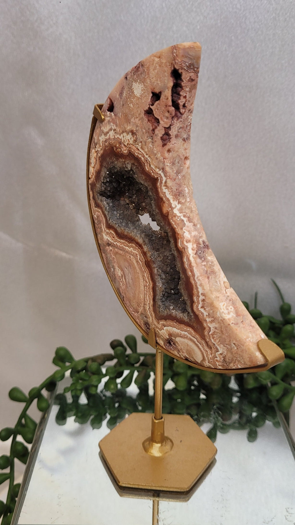 Pink Crazy Lace Agate Druzy Crescent Moon on Gold Stand