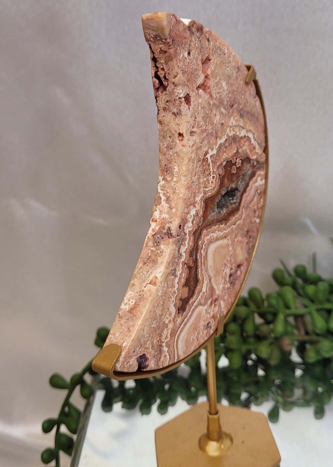 Pink Crazy Lace Agate Druzy Crescent Moon on Gold Stand