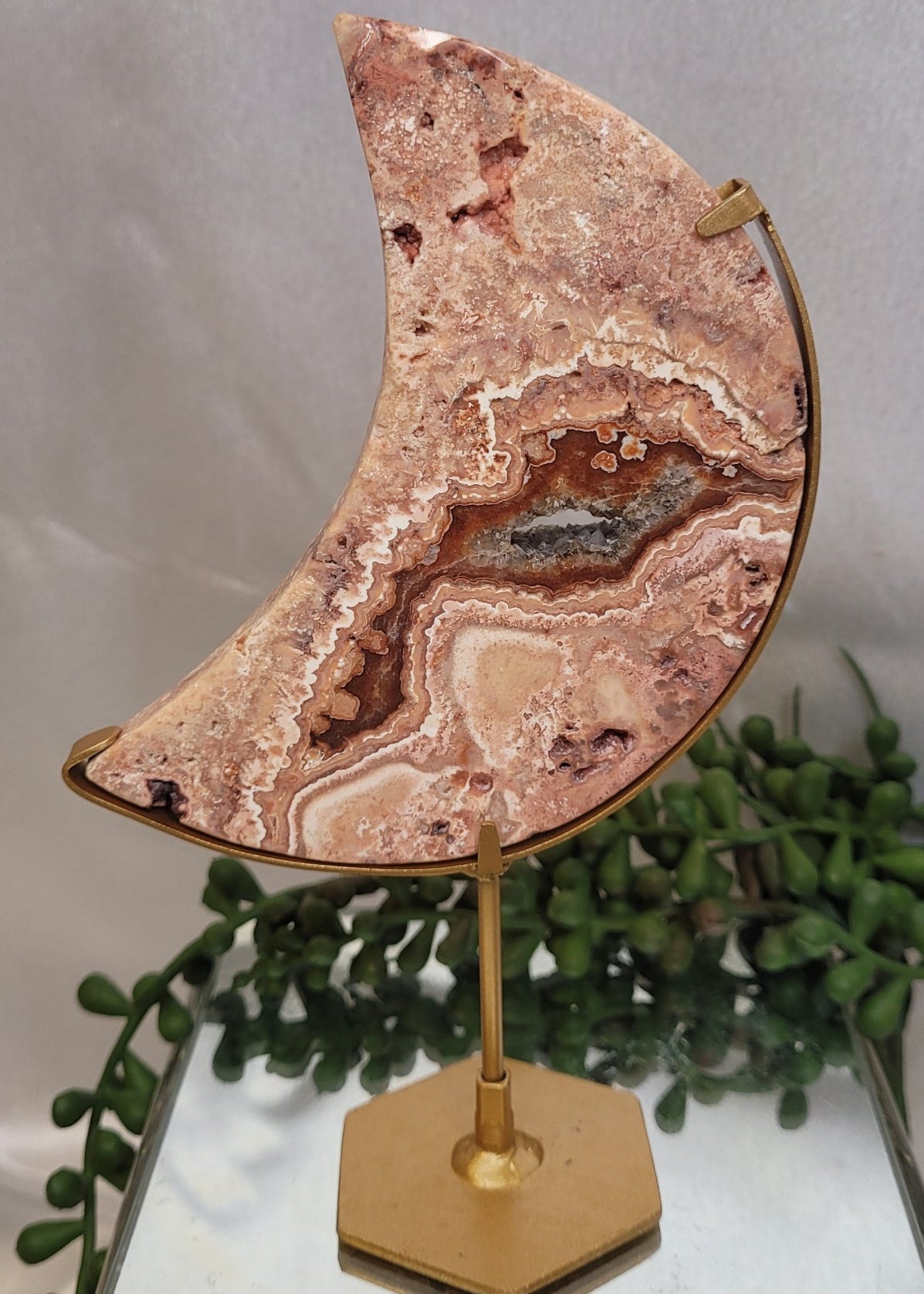 Pink Crazy Lace Agate Druzy Crescent Moon on Gold Stand