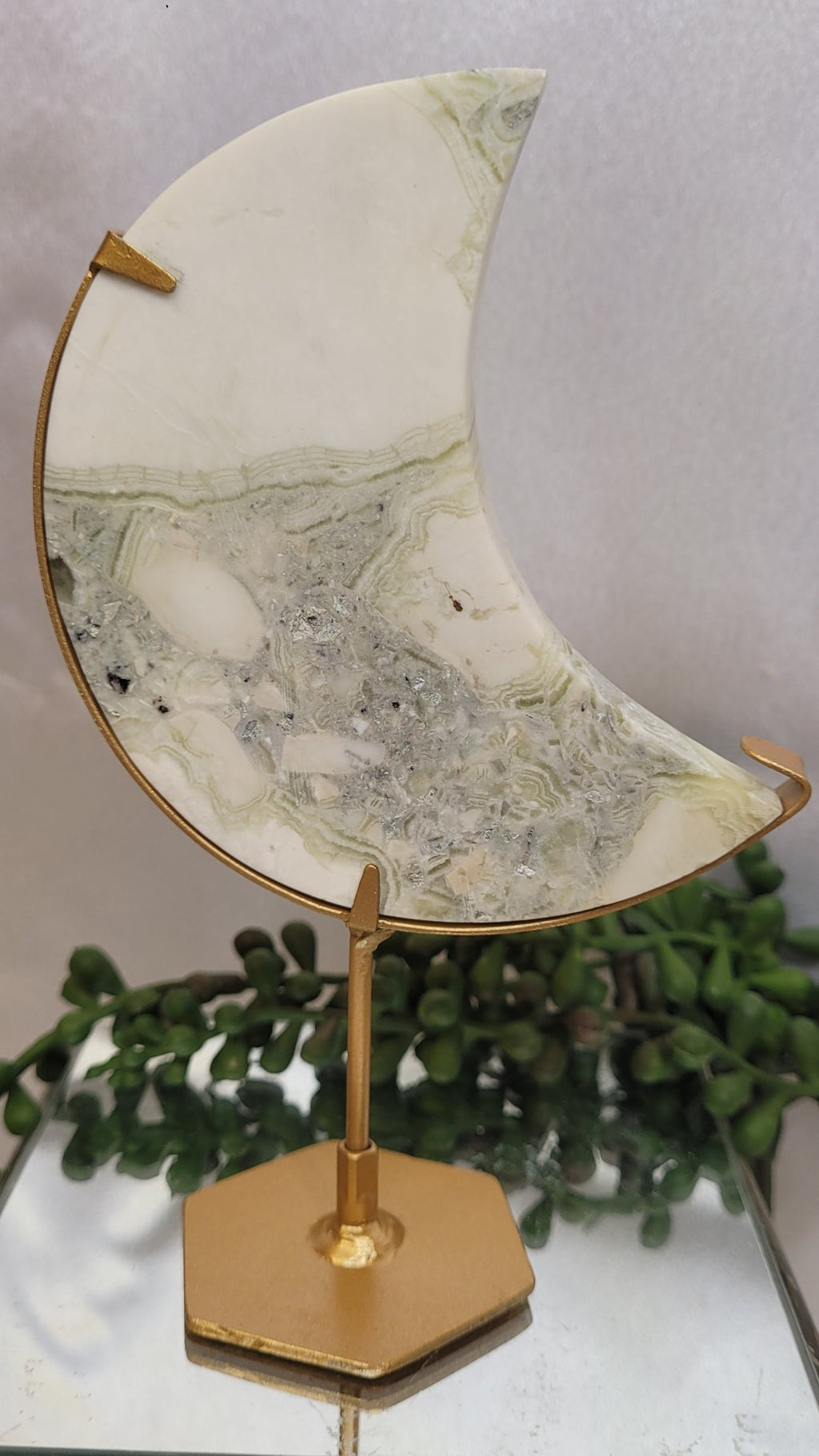 Green Plume Agate Crescent Moon on Gold Stand