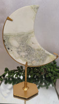 Green Plume Agate Crescent Moon on Gold Stand