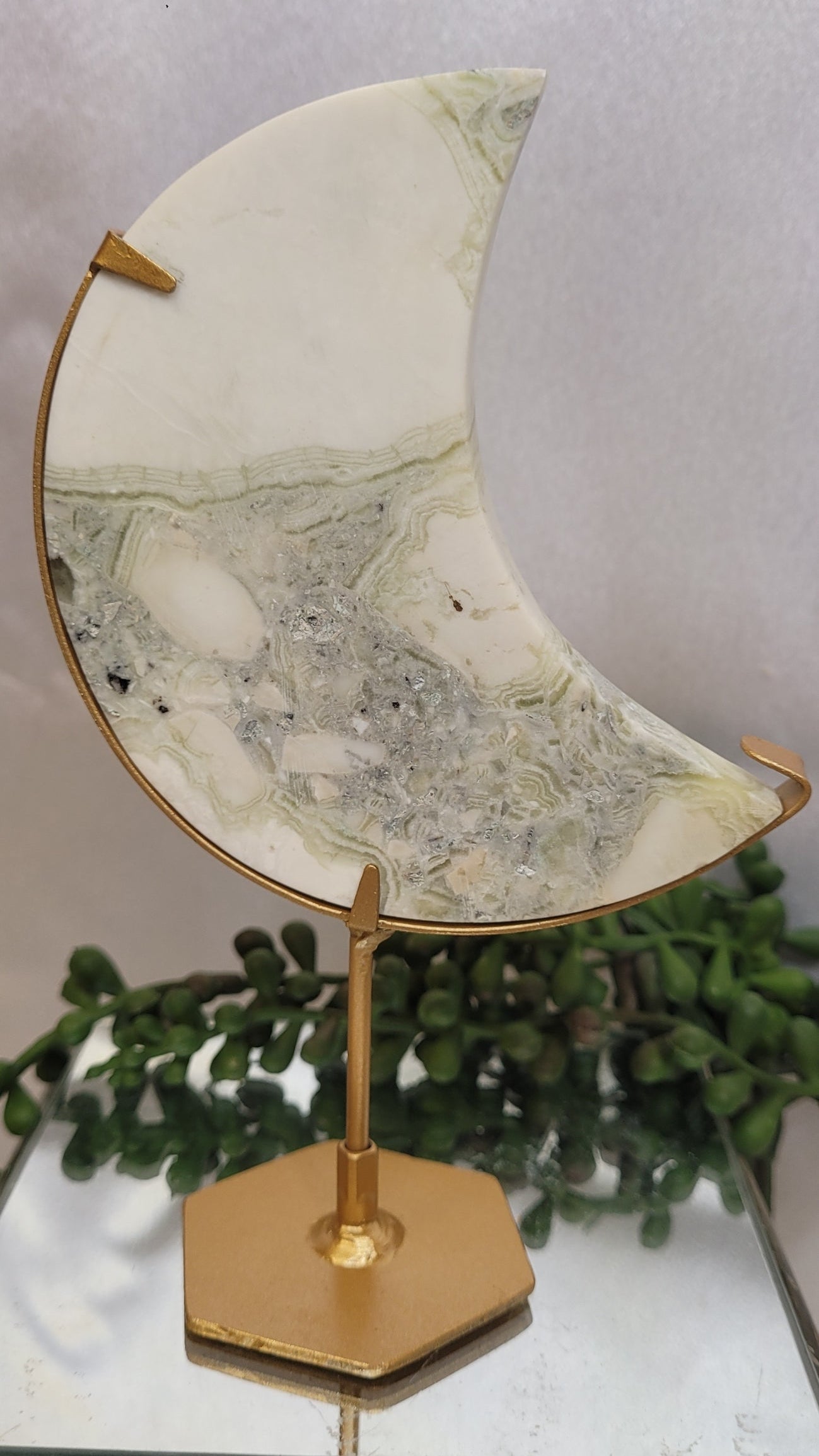 Green Plume Agate Crescent Moon on Gold Stand