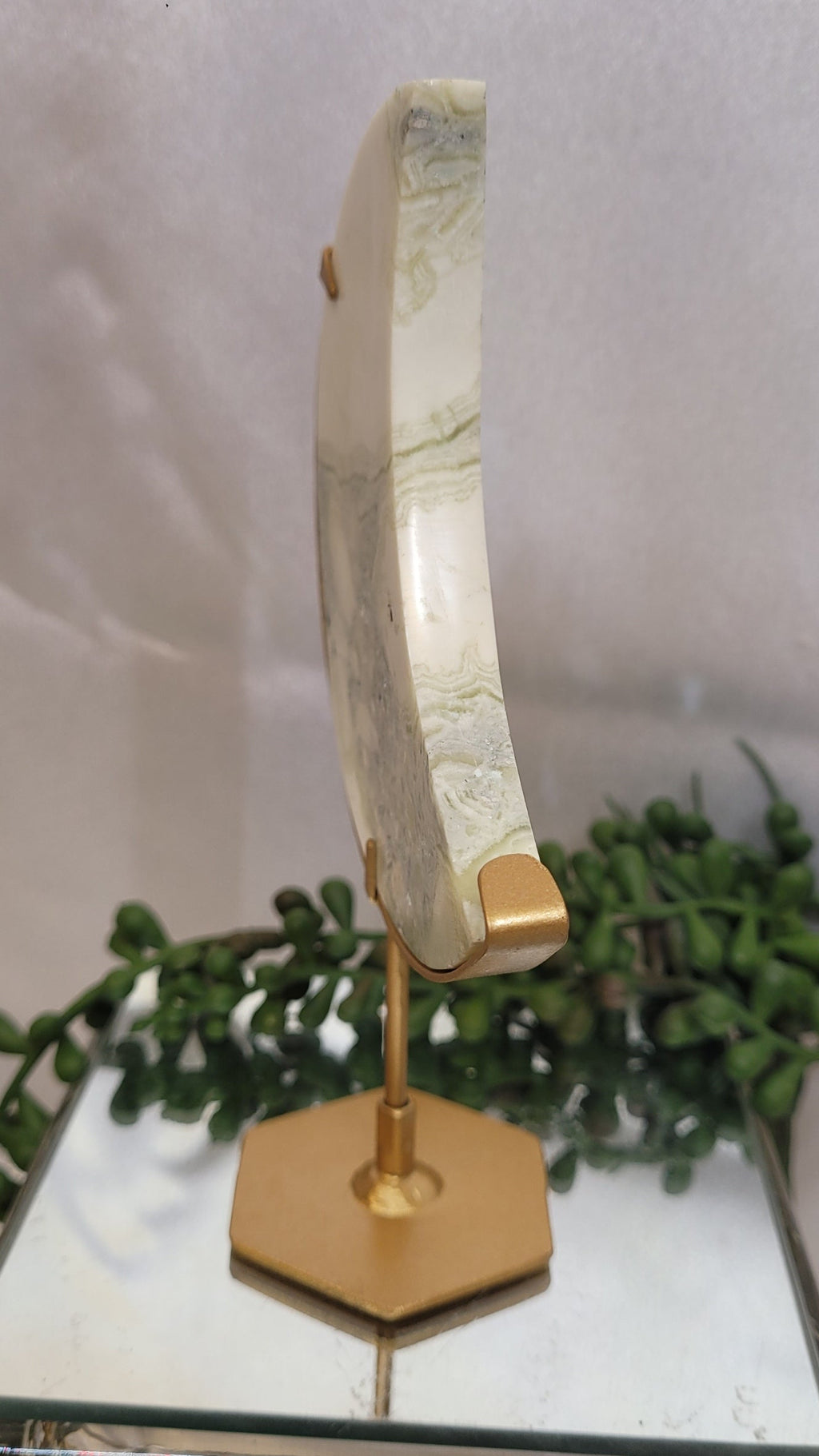 Green Plume Agate Crescent Moon on Gold Stand