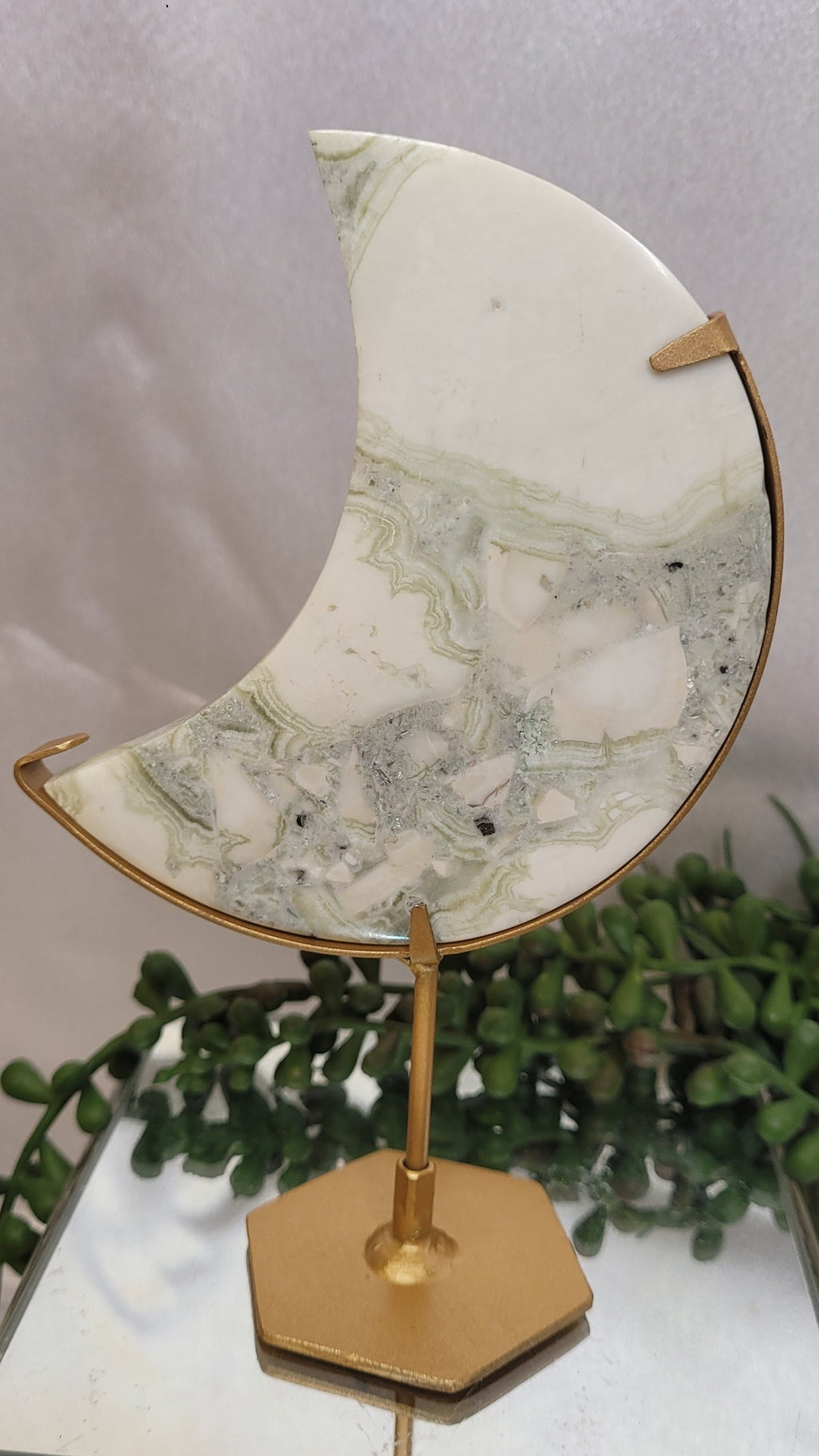 Green Plume Agate Crescent Moon on Gold Stand