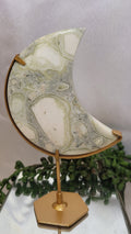 Green Plume Agate Crescent Moon on Gold Stand