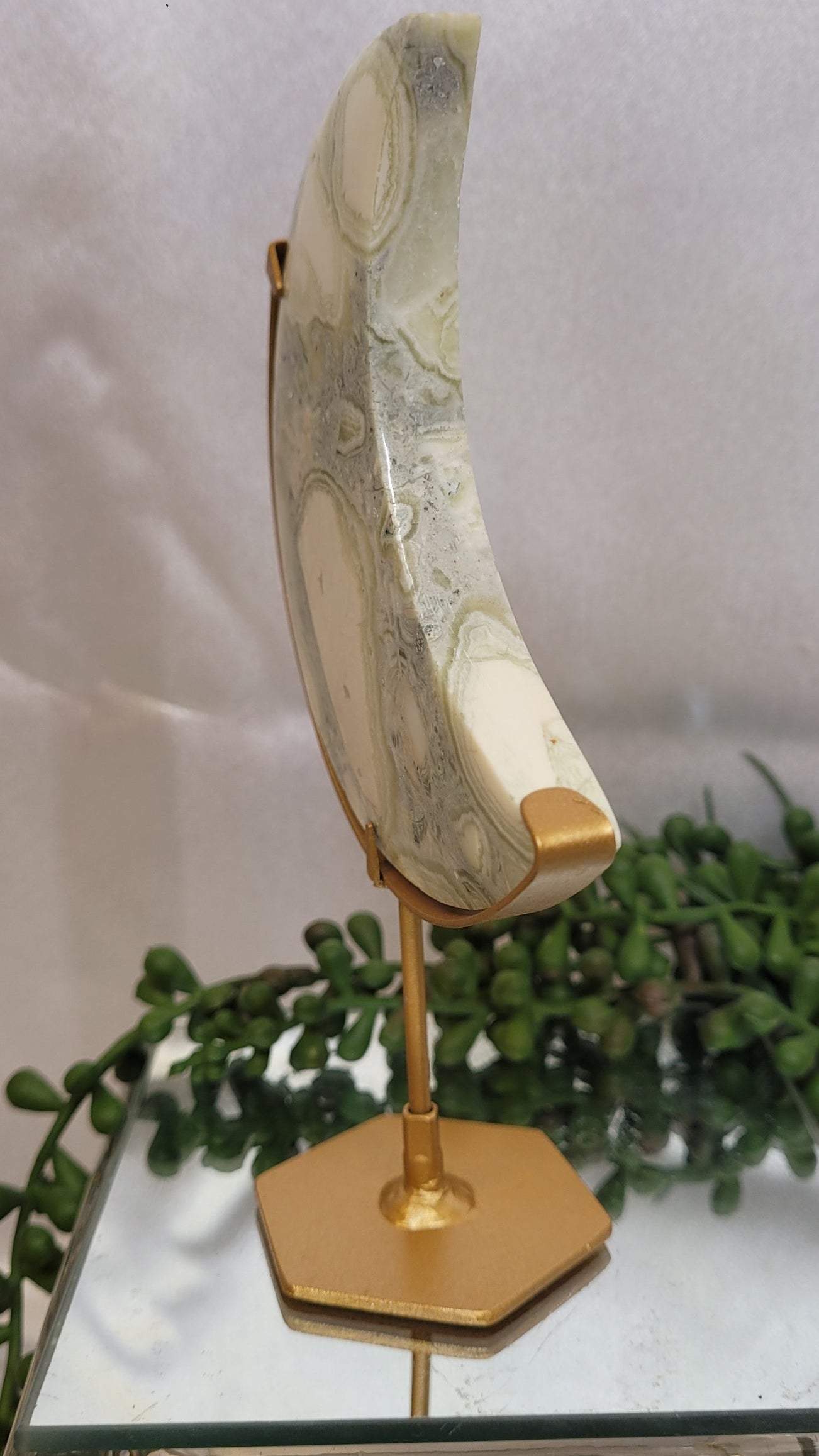 Green Plume Agate Crescent Moon on Gold Stand