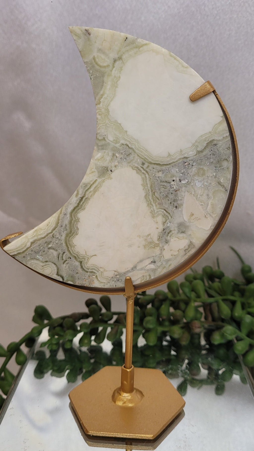 Green Plume Agate Crescent Moon on Gold Stand