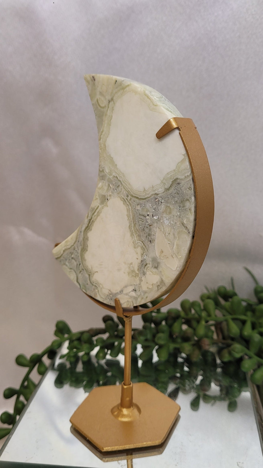 Green Plume Agate Crescent Moon on Gold Stand