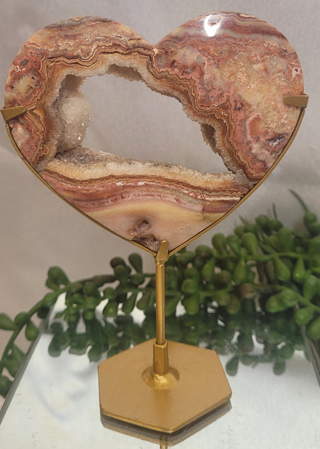 Pink Crazy Lace Agate Druzy Heart on Gold Stand | Banded Agate Crystal Display | 143g