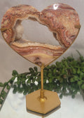 Pink Crazy Lace Agate Druzy Heart on Gold Stand | Banded Agate Crystal Display | 143g